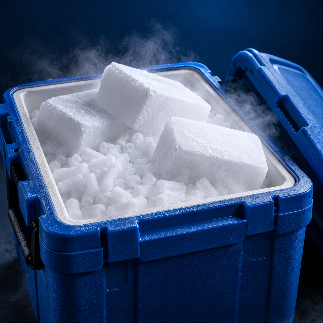 White dry ice blocks in an open blue insulated cooler
